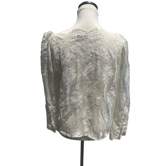 Vintage Chicwish Womens Ivory Lace Blouse Sheer Sleeves & Floral Embellished Sm - Picture 4 of 8